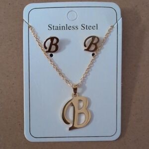 Gold Initial 'B' Necklace and Earring Stainless Steel Set